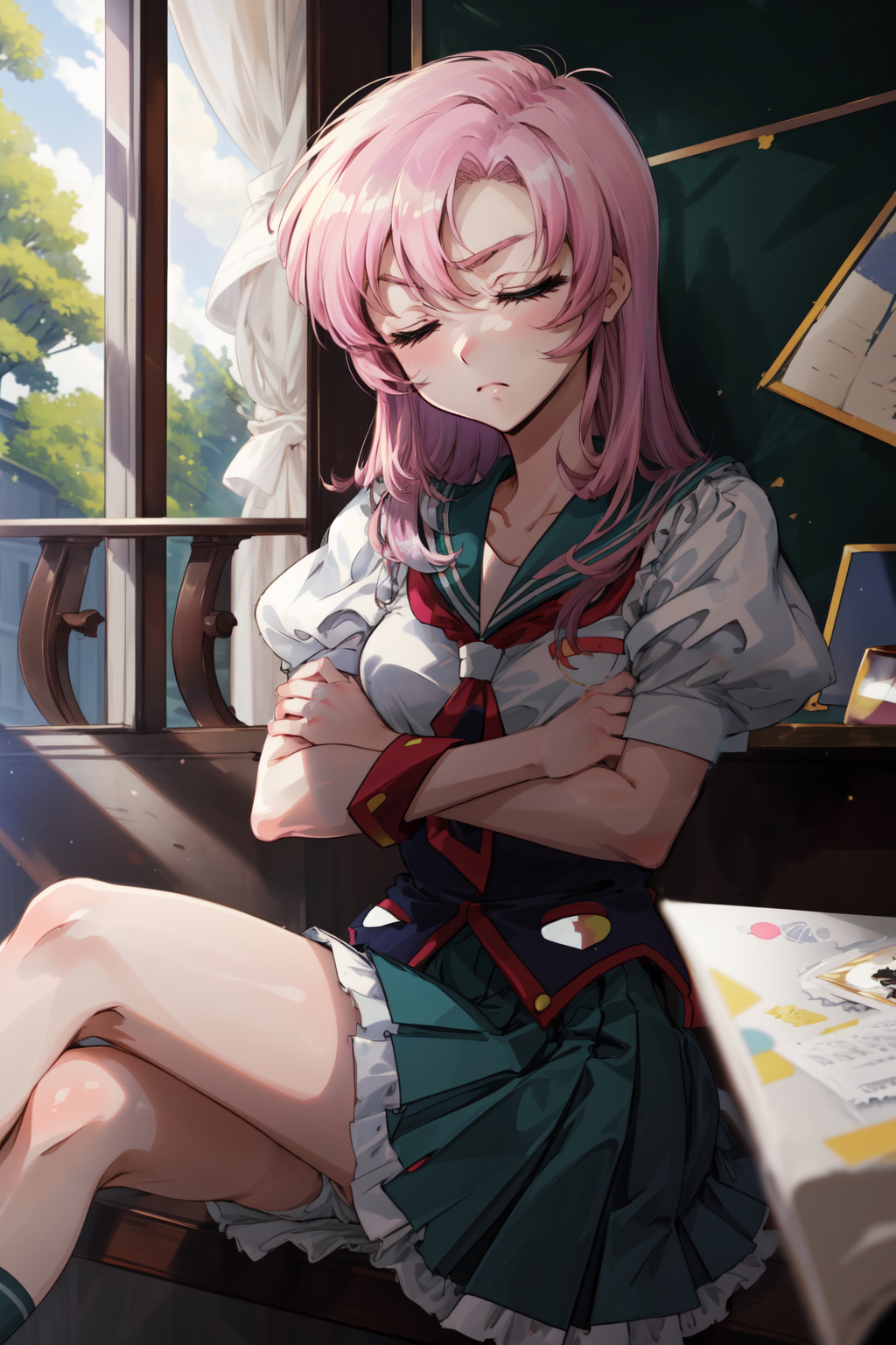 00784-1809614735-masterpiece,best quality,1girl,tenjou utena,school uniform,serafuku,sailor collar,green skirt,puffy sleeves,serious,closed eyes,.png